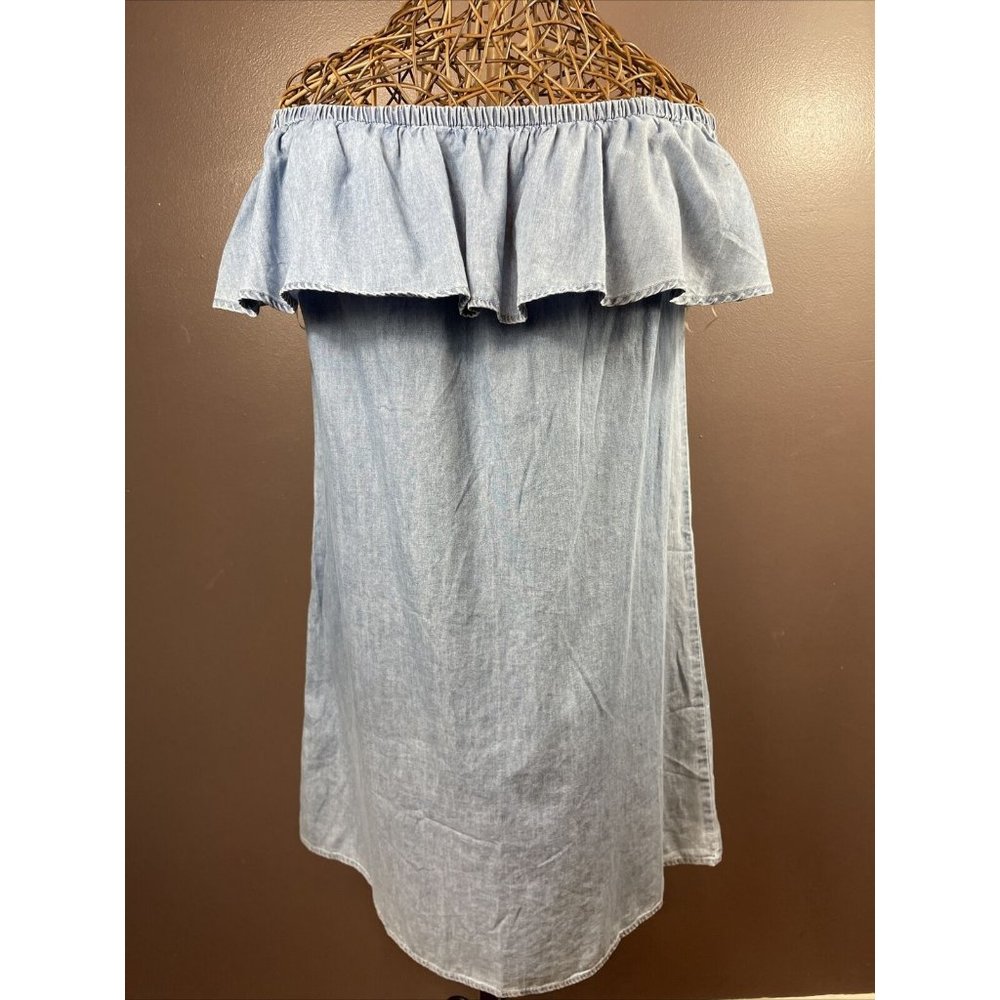 Sauci Women Denim Dress Medium Off Shoulder Ruffle Soft Chambray